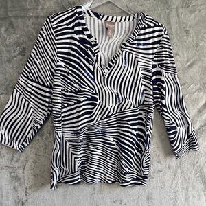 Chico's Lg  Navy and White Striped Blouse vneck rayon sequins